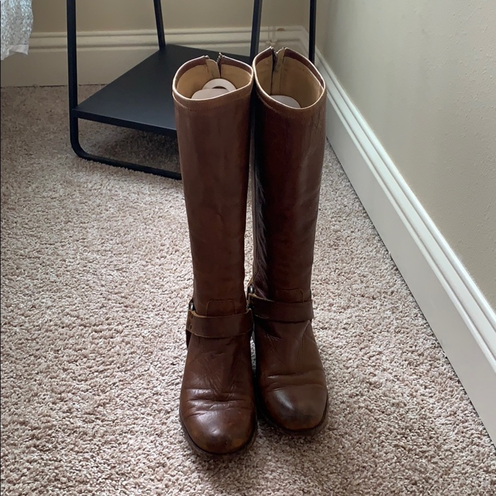 Frye Tall Harness Cognac Brown Flat Heel Boot 9.5